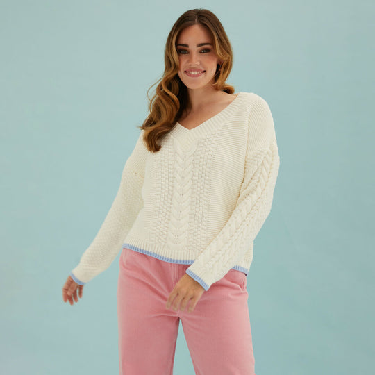 Emma V Neck Cable Knit Jumper - White