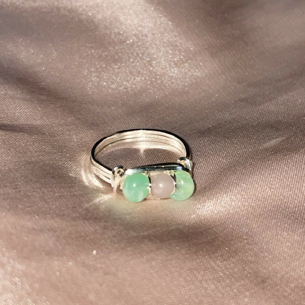 Rose Quartz & Chalcedony Wire Wrapped Solid Silver Ring