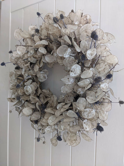 Lunaria Wreath with a Hint of Blue Thistle