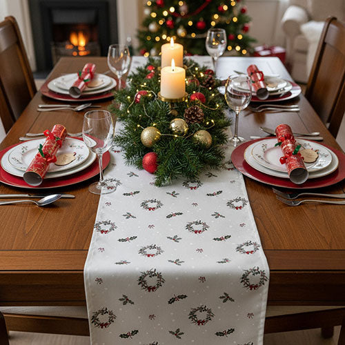 Decorated Christmas table with candles, greenery, and patterned tablecloth.