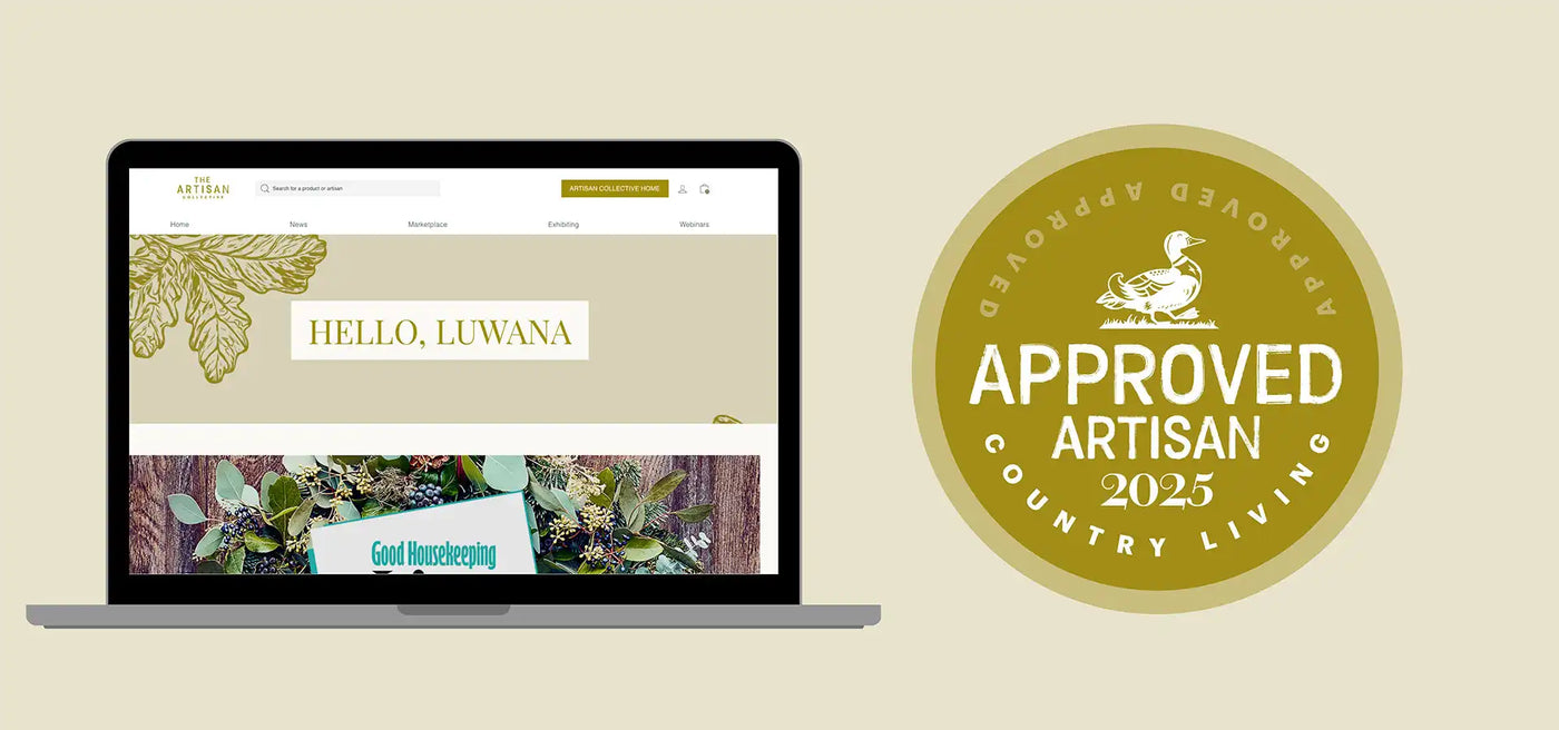 Laptop displaying a website with 'Hello, Luwana' branding on a beige background, featuring an 'Approved Artisan 2023' badge.