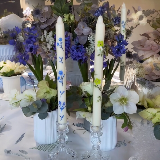 Hand painted ivory candles with a delicate floral design - 2 colors