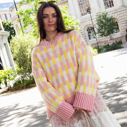 Charlotte Geometric Pattern Wide Sleeve Knit Jumper - Pink