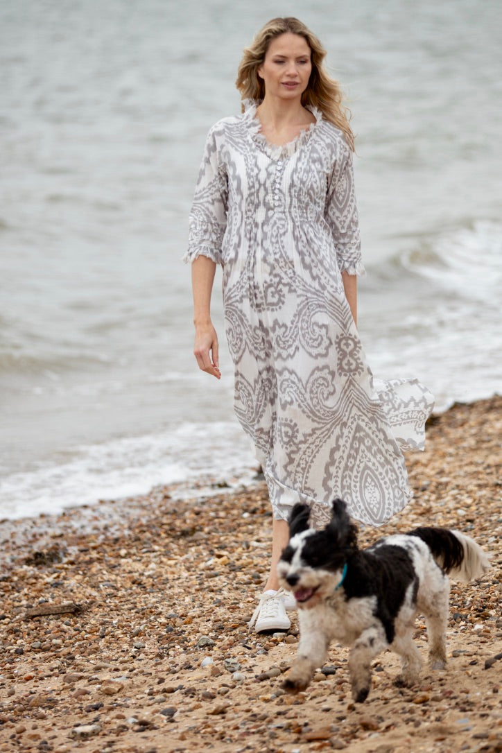 Cotton Annabel Maxi Dress in Grey & White Ikat