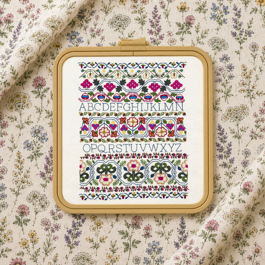 18th Century Sampler Hand Embroidery Kit with Pre Printed Fabric and Colour Pattern