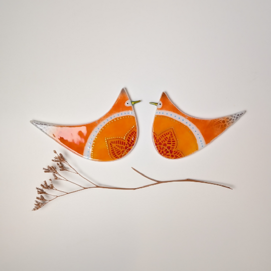 Lovebirds, pair of wall mounted glass birds, anniversaries, weddings.