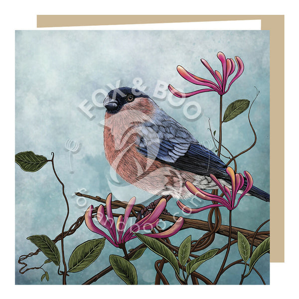 Greeting card by Fox and Boo featuring a bullfinch sitting amongst honeysuckle against a watercolour background