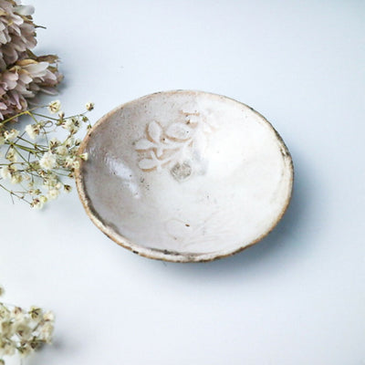 Raku Bowl in White Leaf Design