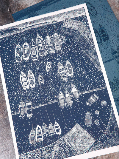 End of the Day, Portscatho Harbour, Limited Edition Lino Print