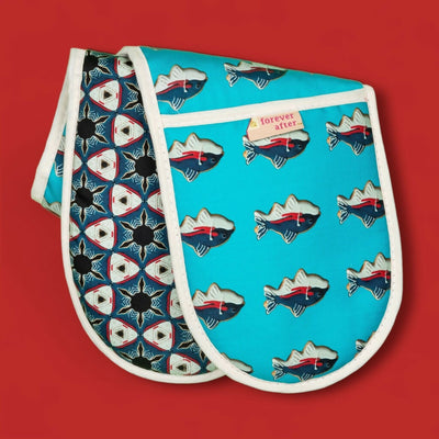 'Skipping Over the Ocean' Organic Cotton Oven Gloves with Blue Fish Cookie Design