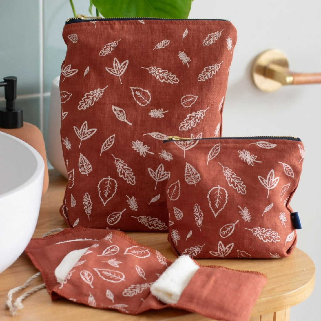 Linen MakeUp Bag with Leaf Design