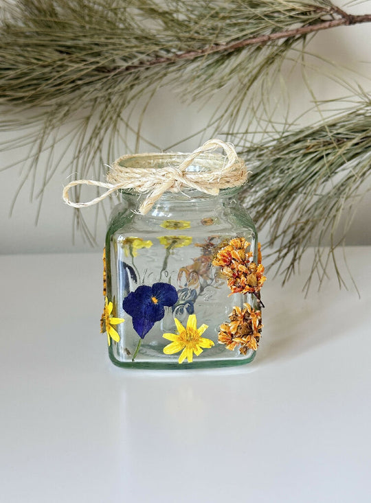 Small Rustic Cottage Core Style Square Pressed Flower Glass Jar