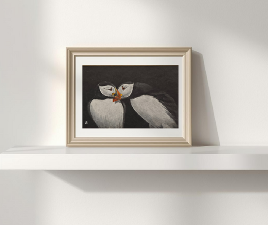 Puffin Pair Original Artwork 2, mounted in A5 size frame