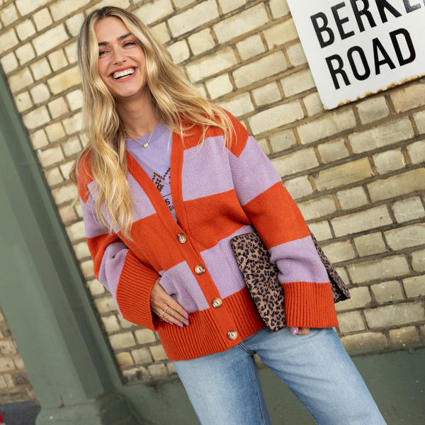 Candice Chunky Stripe V Neck Button Cardigan - Lilac & Orange