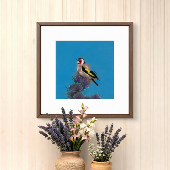 Gilded Thistle Gold Finch Giclee Fine Art Print with Blue Background