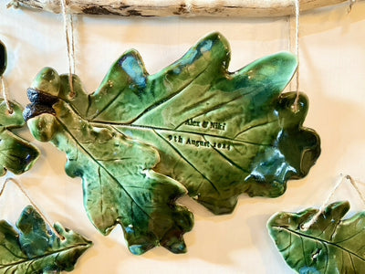 Double Oak leaf with acorn sculpture - Hand sculpted Personalised Ceramic Wall Hanging, wedding gift - MADE TO ORDER