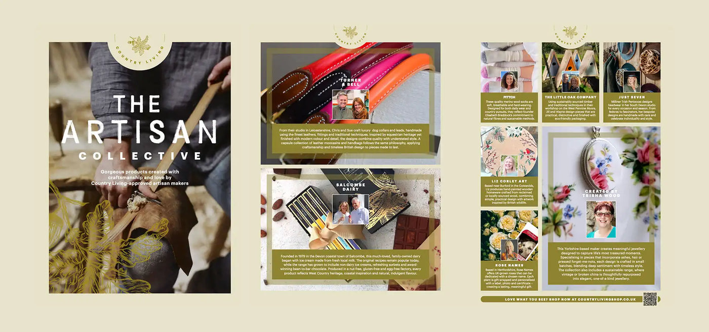 Collage of images featuring 'The Artisan Collective' with various products and people.