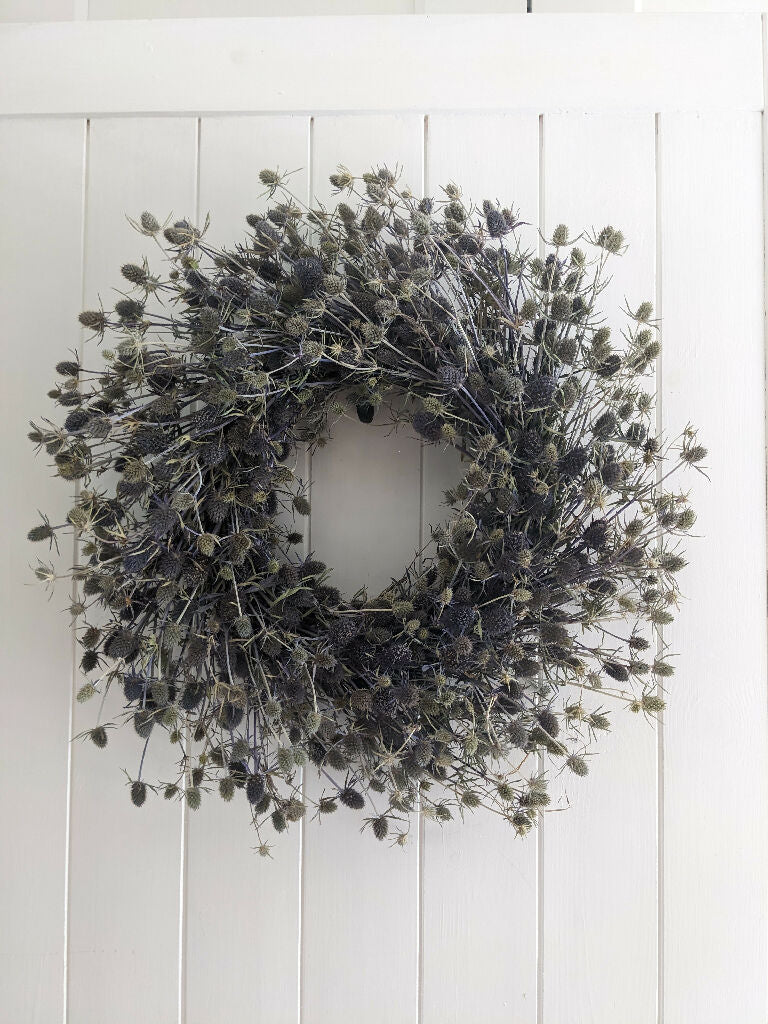 Handmade Wreath made with Dried Blue Eryngium Thistle