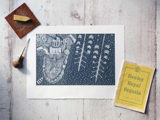 Rowing Past Temple Island, Henley on Thames Lino Print