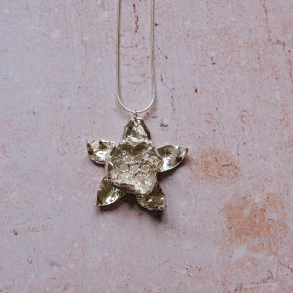 Handmade Silver, Rose Quartz & Water Lily Necklace