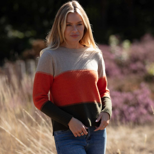 Cashmere Mix Sweater In Beige, Orange & Olive Stripe
