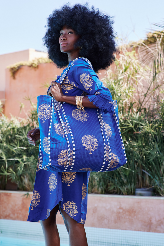 Large Cotton Tote Bag In Marrakesh Blue & Gold