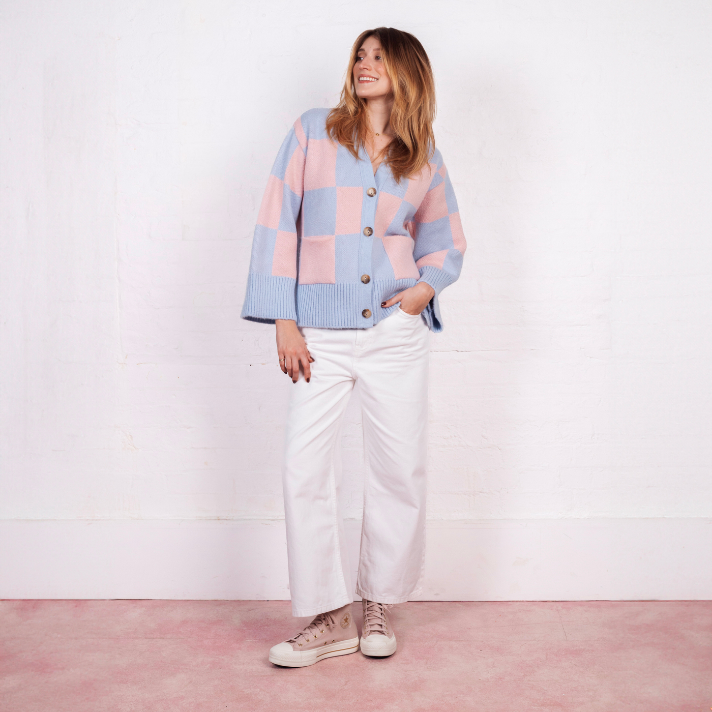 Candice Checked Wide Sleeve Cardigan - Pink & Blue