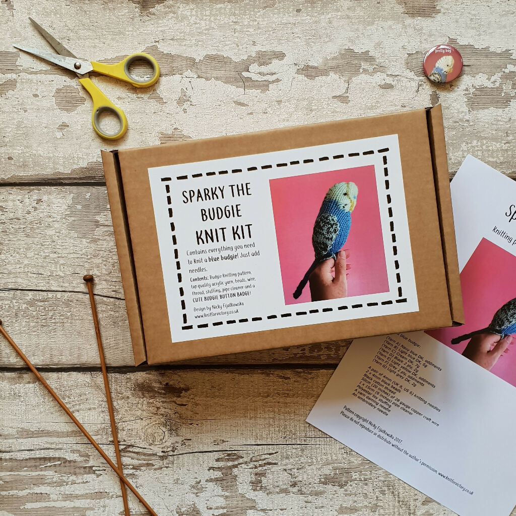 budgie knitting kit in gift box