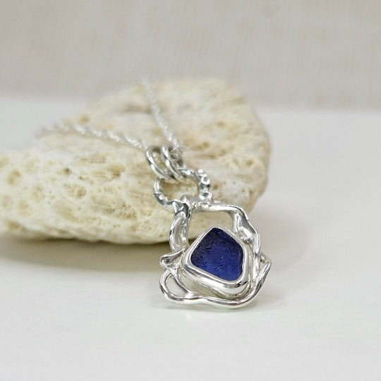 Blue Sea Glass & Silver Flow Necklace