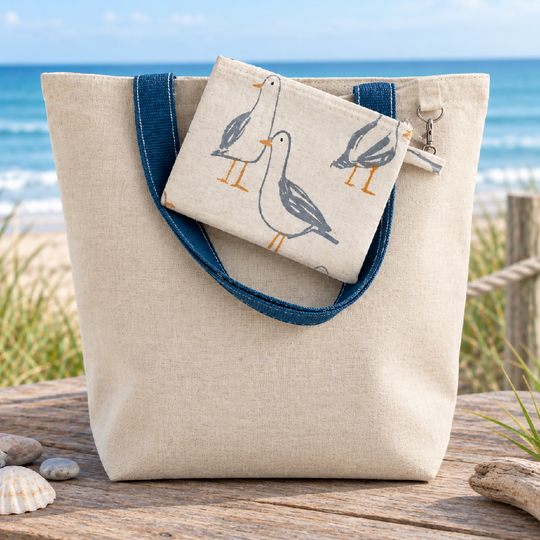 Handmade Natural 100% Organic Tote Bag & Sea Gull Purse set 