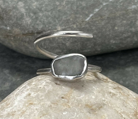 Adjustable Recycled Sterling Silver Grey Sea Glass Ring