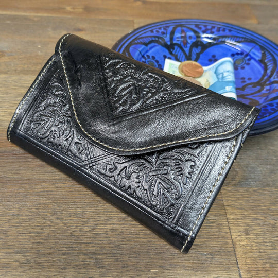 Small Leather Tri-Fold Purse Black