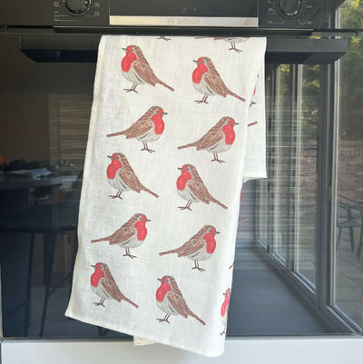 Christmas Linen Tea Towel in Little Robins Design