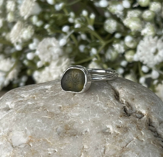 Handmade recycled sterling silver green sea glass ring size F/G