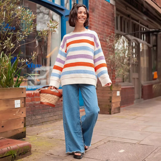Lauren Rainbow Crochet Stripe Recycled Cotton Blend Jumper - White