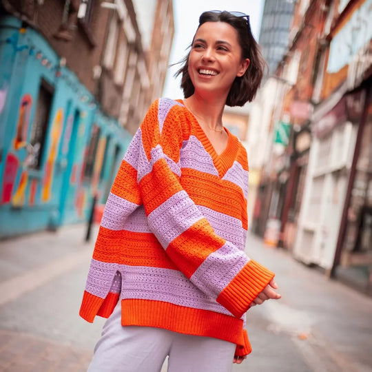 Millie Crochet Stripe V Neck Cotton Blend Jumper - Orange