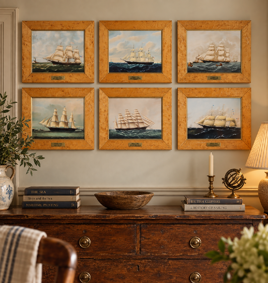 Complete Set of 6 Vintage Wedgwood American Clipper Ship Porcelain Plaques. Original Framed Maritime Collection
