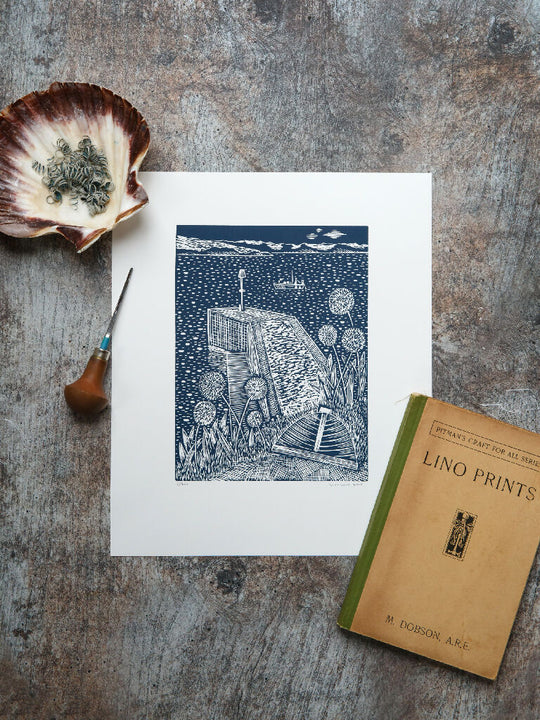 Alliums and Breakwater, The Lugger, Portscatho Lino Print