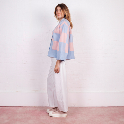 Candice Checked Wide Sleeve Cardigan - Pink & Blue