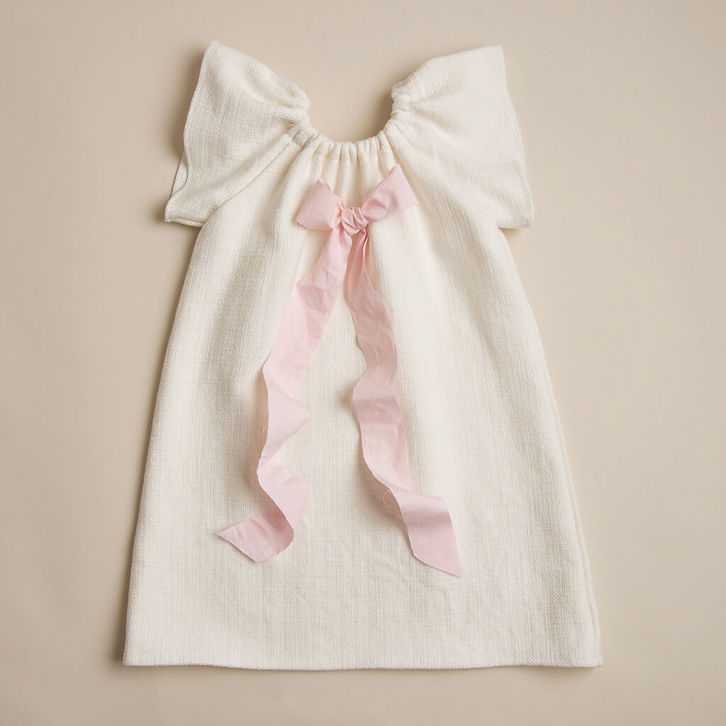 Organic Linen Girls Dress with Pink Ribbon