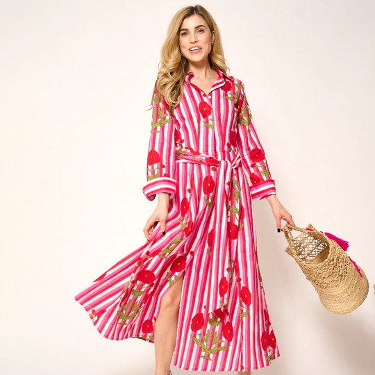 Cotton Marigold Dress in Pink & Red