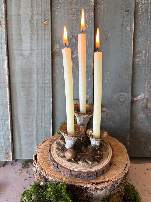 Pottery Toadstool Oakleaf Group in Creams and Browns candle holder