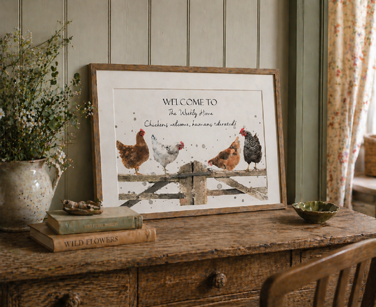 Personalised Chickens On Rural Gate Print