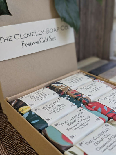 Festive Gift Set of 10 small Guest Soaps in Christmas wrappers and a presentation box