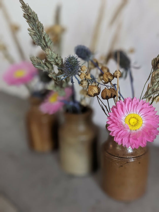Set of 3 Vintage Stoneware Ink Pot Vases with Dried Flowers