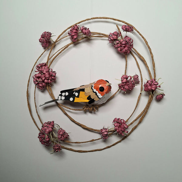 Goldfinch on a floral wreath paper sculpture