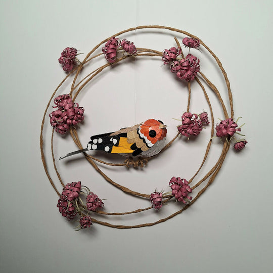 Goldfinch on a floral wreath paper sculpture