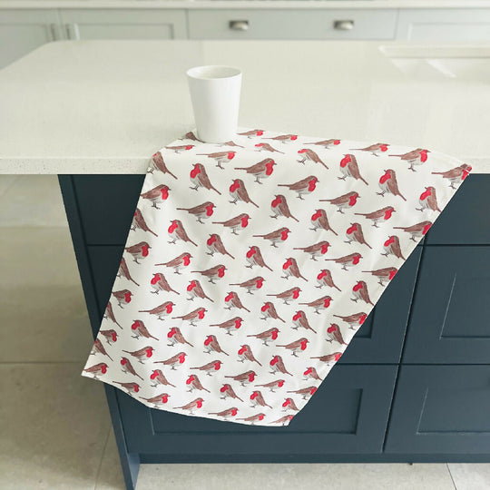 Christmas Robins Organic Cotton Tea Towel
