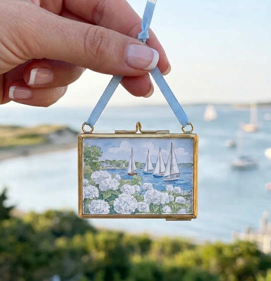 Nantucket Harbor Sailboat Watercolor Art Mini Brass Hanging Frame White Hydrangea Coastal Wall Art