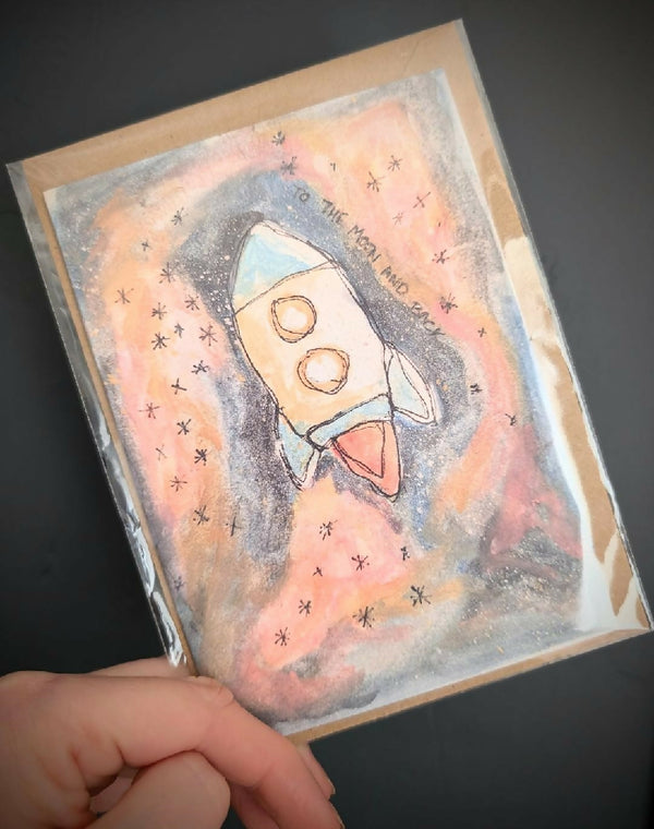 To the Moon and Back Rocket Greetings Card - Blank Inside
